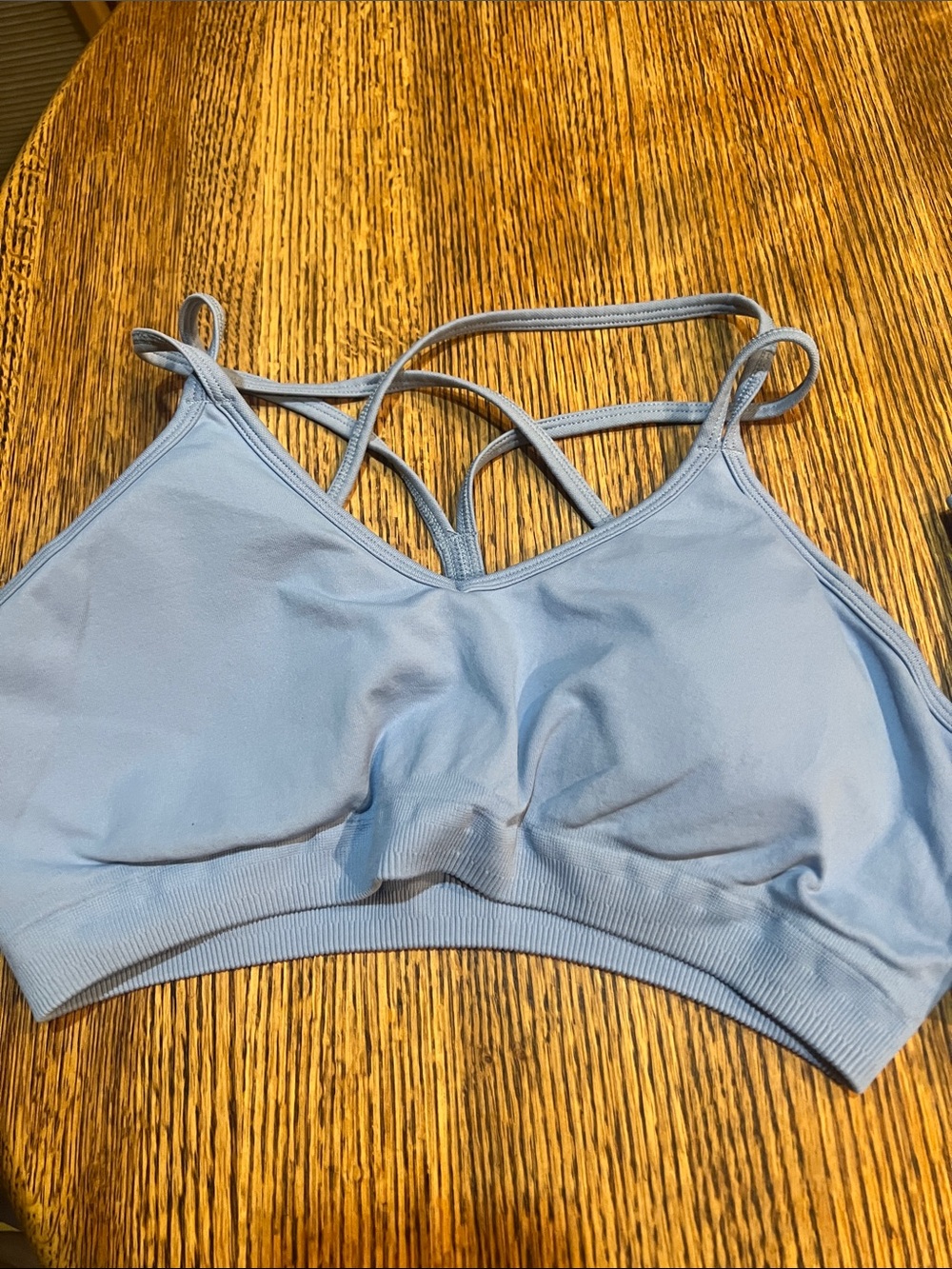 AYBL Powder Blue Double-Strap Seamless Sports Bra with matching scrunch leggings
